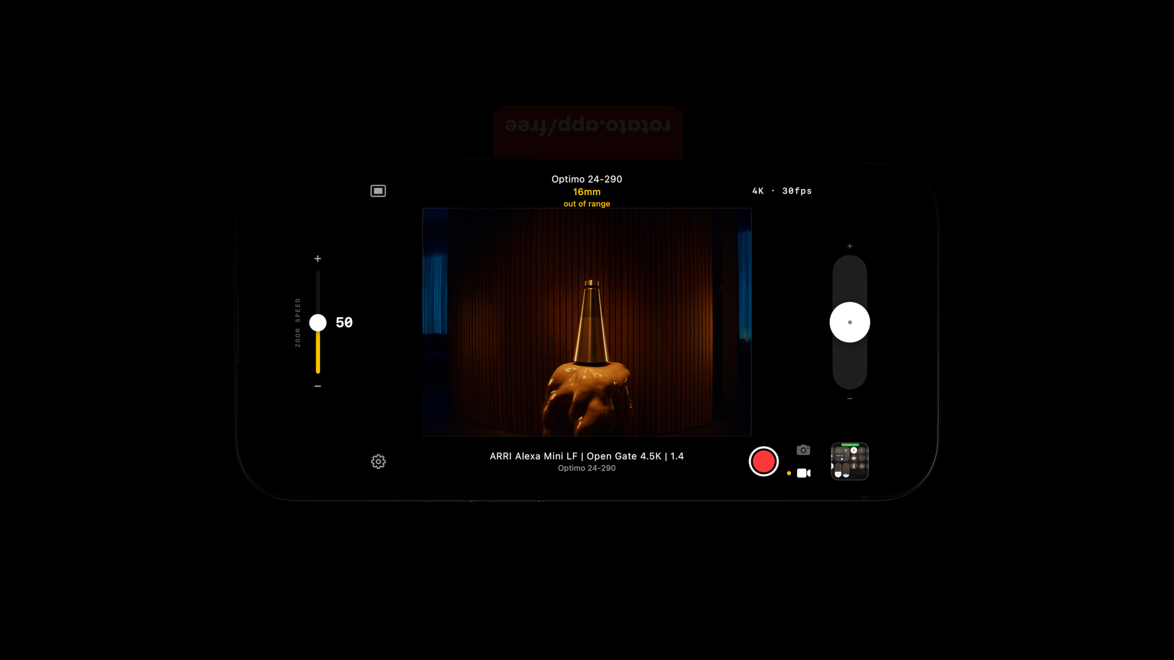 Lenset app running on iPhone in landscape, showing the director’s viewfinder